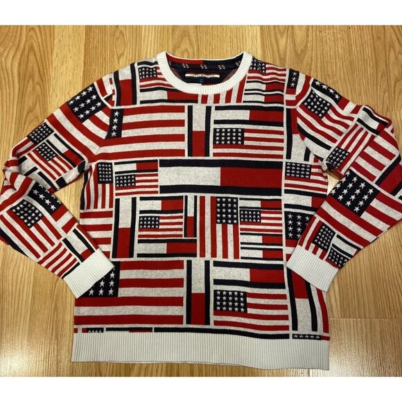 Tommy Hilfiger American Flag Print Knit Sweater Pullover Rare July 4 Small USA - Picture 1 of 4